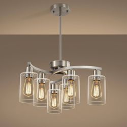CNRATYE 6-Light Brushed Nickel Adjustable Chandelier with Clear Glass Shades  * New