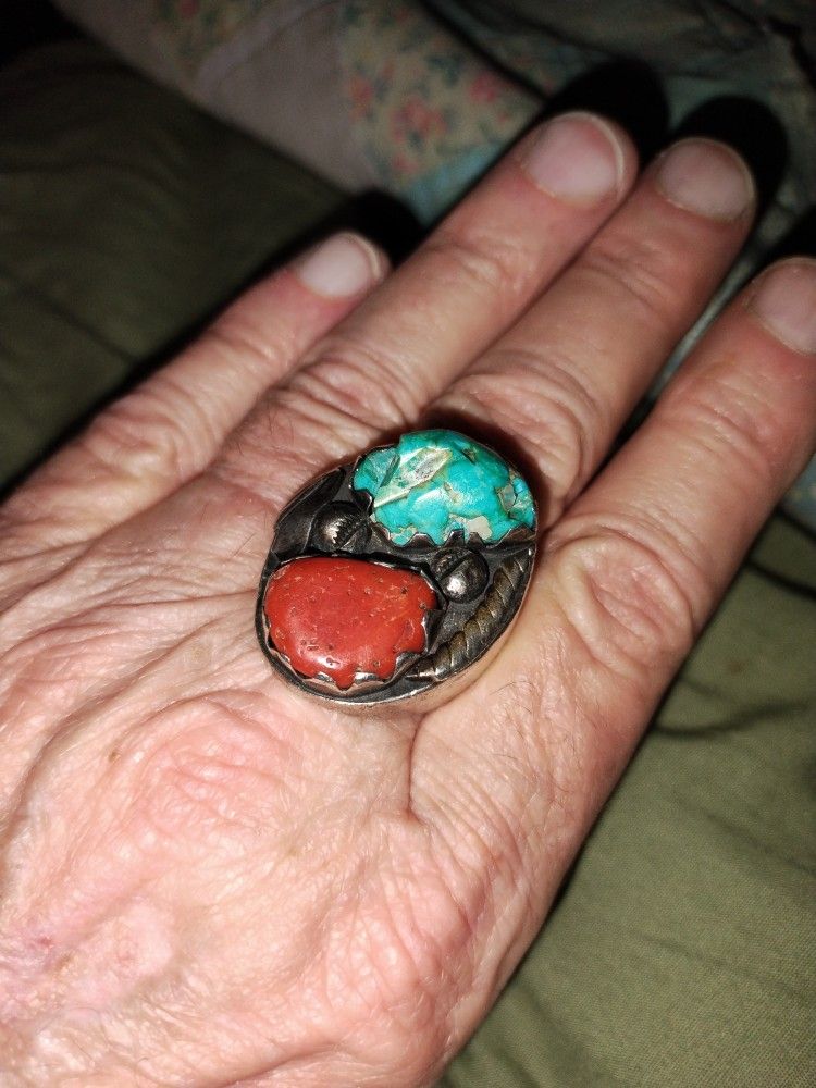 Vintage Silver, Turquoise And Coral Ring