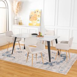 Stan 5PC Dining Set 63” Table in White Marble Top Finish with 4 Mayfair Upholstered Chairs, Beige