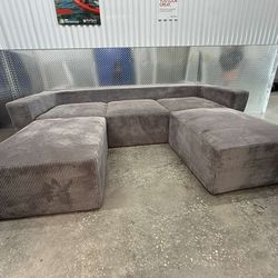Grey Corduroy Modular Sectional Sofa w/ Ottomans