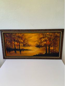 Oil painting signed 1970s popular scene autumn forest 45” wide x 23” tall
