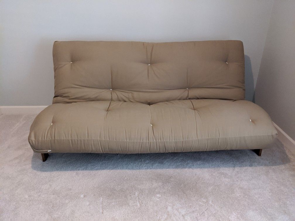 Queen Tan Futon. Oak frame. LIKE NEW