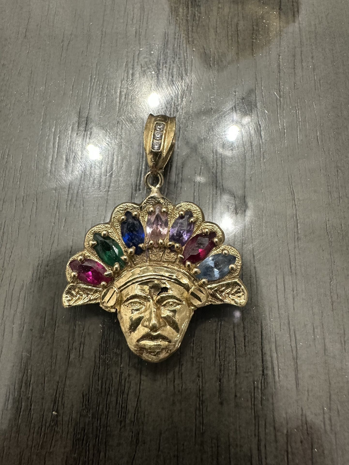 Solid 10k Yellow Gold Indian Head Pendant Charm CZ Stones