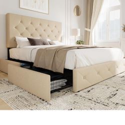 Allewie Upholstered Queen Size Platform Bed Frame with 4 Storage Drawers and Headboard, Diamond Stitched Button Tufted, Mattress Foundation with Woode