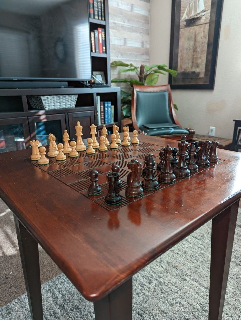 David Levy Etched Wood Chess Table With Chess Pieces