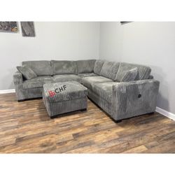 Corduroy Sectional Sofa With Ottoman And USB 