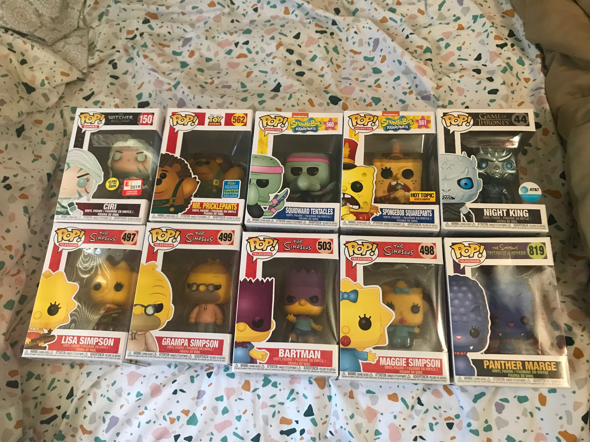 Funko pop lot ciri simpsons marge Maggie Lisa bartman squidward spongebob metallic night king toy story mr pricklepants sdcc 2019