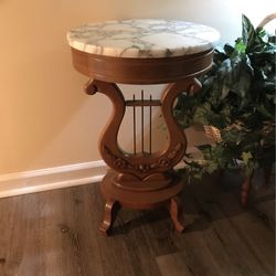 Harp Table $185.Antique Marble Top Mahogany Base