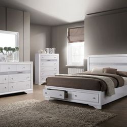 Brand New White Contemporary Style 4pc Queen Bed Set (Available In Eastern King)