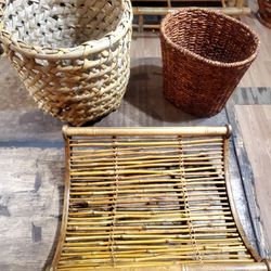 Magazine Rack, Couple Wicker Baskets.Potted Plant Holder