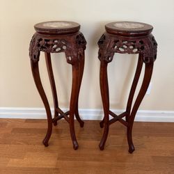 Oriental Asian Carved Floral Tall Plant Stand With Stone Top 36” Tall