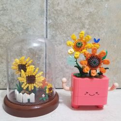 2 New Completed Sunflower Building Block Terrarium & Pot