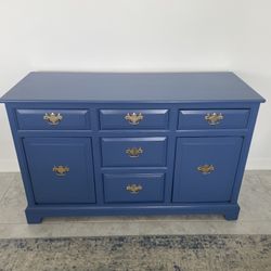 Satin Blue Solid Modern Wood Buffet Table w/ Original Brass Hardware