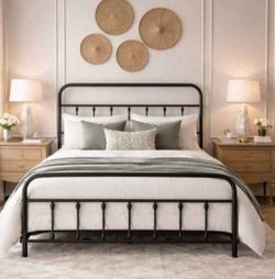 Queen Size Metal Bed Frame with Headboard, White Victorian Style Bed Frame with Footboard, Under Bed Storage, No Box Spring Needed, Easy to Assemble