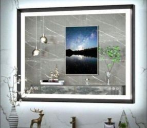 TokeShimi 40x30 Inch Black Frame Bathroom Mirror with Front Lights and Backlit Aluminum Alloy Rectangle Beveled Edge Tricolors Stepless Dimmable Anti