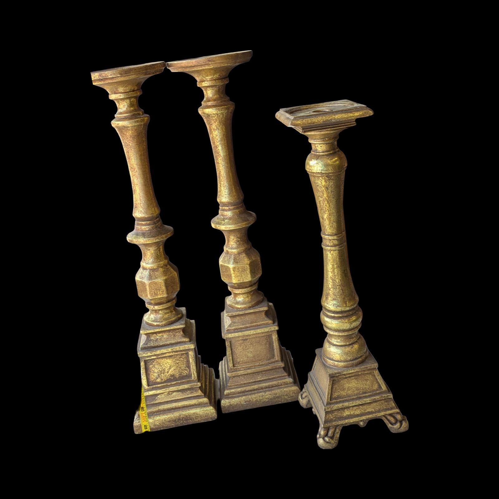 3 Antique Gold Pillar Candle Holders - Large