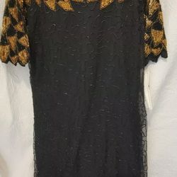 Silky Nites By Cherish Womens Size QS Cocktail Party Dress Beaded 100% Nat Silk