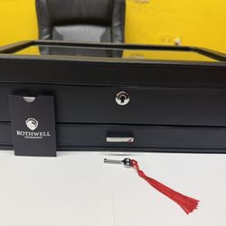 ROTHWELL 12-Slot Watch & Jewelry Organizer w/ Valet Drawer (Matte Black)