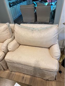 DESIGNER’s OWN custom Edward Ferrell upholstered chairs (2) w matching ottoman- fabric: Old World Weavers cream linen damask w cream silk piping