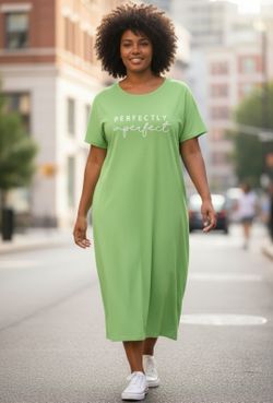 Shein Curve Sz 2XL Bodycon Dress Perfectly Imperfect Graphic Green Short Sleeve. The featured garment is a SHEIN Unity Letter Graphic Bodycon Dress. T
