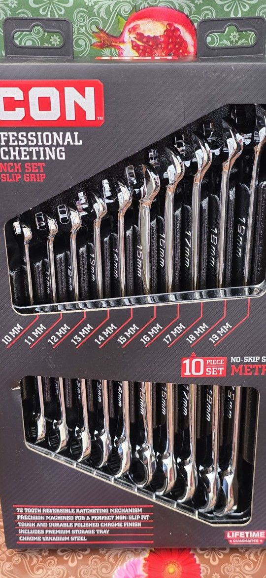 ICON Anti-Slip Grip Professional Metric Ratcheting Combination Wrench Set, 10-Piece