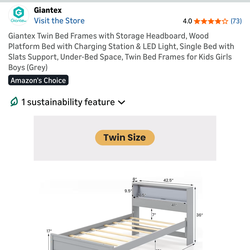 Twin Size bed frame with mattress, Grey with LED lights