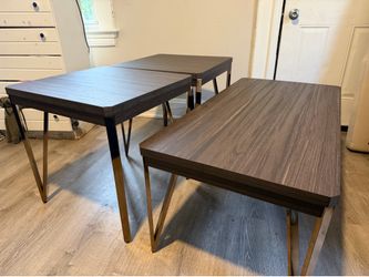 Modern 3 Piece Coffee Table Set – Wood + Gold Metal – Living Room Set