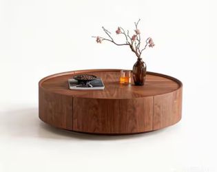 35.43 in. Walnut Round Wood Coffee Table with 2-Drawers