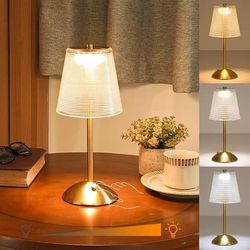 Cordless Table Lamp, Rechargeable Battery Operated Lamp, 3 Color Modes & Stepless Dimmable LED Touch Lamp, Portable Retro Gold Metal Beside Lamps for