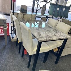 Dining Table With Faux Marble Top And 4 White Cloud Fabric Chairs
