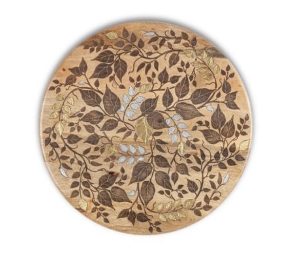 Mango Wood With Laser And Metal Inlay Leaf Design Lazy Susan