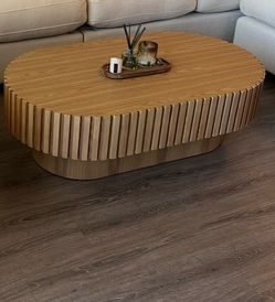 Oval Coffee Table for Living Room, 43.37” Modern Handcraft Drum Center Table with Sturdy Pedestal for Office, Apartment, Natural