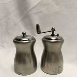 Vtg Shuler Pewter Salt Shaker & Pepper Grinder Set Mid-Century Modern, Made in USA