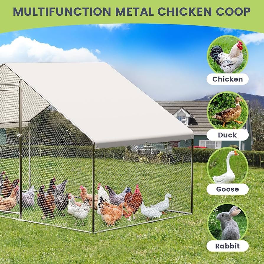 GarveeLife Large Metal Chicken Coop, Large Chicken Run with Waterproof & Anti-UV Cover, Outdoor Chicken Pen for Farm Yard (9.8 ft L x 5 ft W x 6.6 ft 