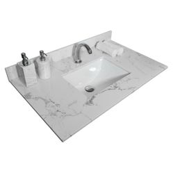 31x22 Inch Bathroom Vanity Top Stone White Marble Color with Undermount Ceramic Sink and Single Faucet Hole with Backsplash [NEW]