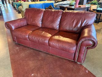 Burgundy Leather Sofa with Traditional Rolled Arms and Nailhead Trim
