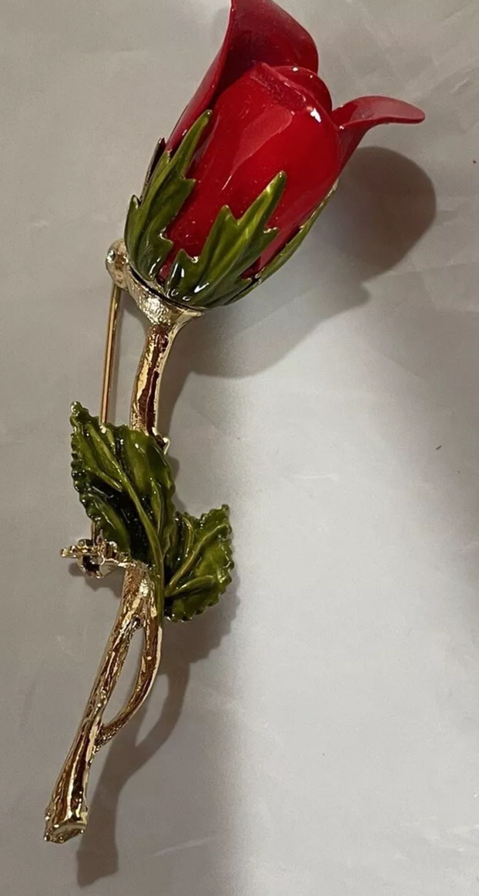 Valentine/Mothers Day~Rose Long Stem~Red Enamel Brooch/PinGold Tone 3" Unsigned