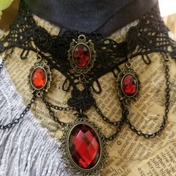 Red Rhinestone and Faux Black Onyx  Spider Lace Chokers 