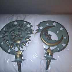 Pair Vintage Partylite Metal  Sun and Moon Wall Candle Holder Sconces 1994
