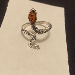 Sterling Silver Snake Honey Amber Ring