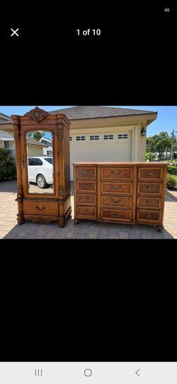 Ornate Wood Armoire and Dresser Set
