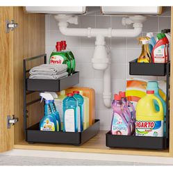 EVERIE Height Adjustable 2 Tier Metal Pull Out Slide Shelf Organizer for Under Sink Cabinets in Kitchen, Bathroom, with Snap-on Top Tray, 16" Deep (Bl