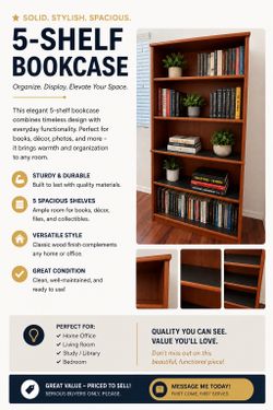 Solid Wood Cherry Bookcase – 5 Shelf Bookshelf – Excellent Condition