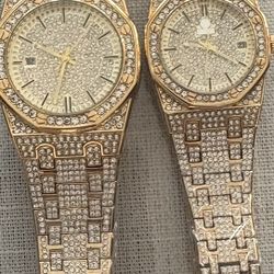 New Gold Plated Iced Out His And Her Watch Set