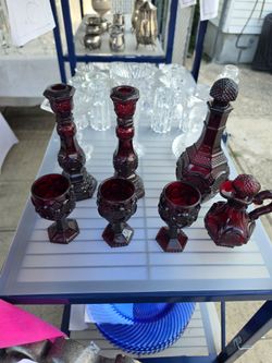 Ruby Red Glass Decanter and Goblet Set