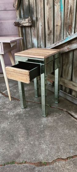 Table & drawer oak or teak glass mirror very heavy 50$