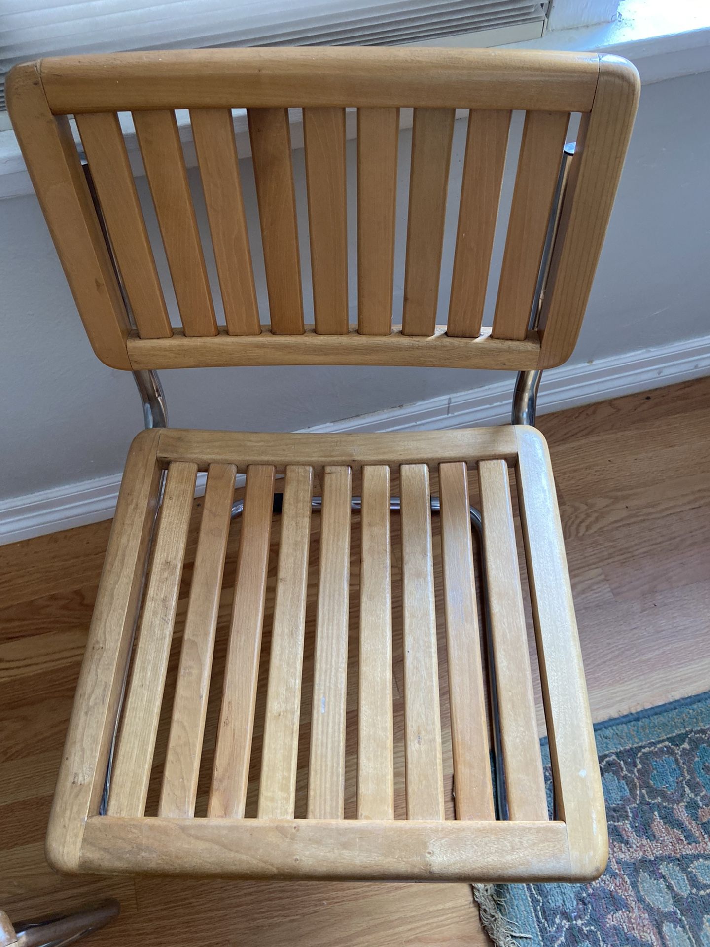Pair Of vintage Wood slat Chairs With Metal Base