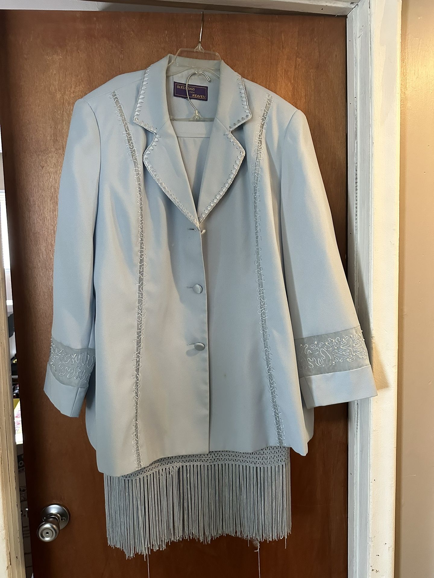 Blessings from Heaven 2-Piece Powder Blue Suit with Skirt with Fringe - Size 22W
