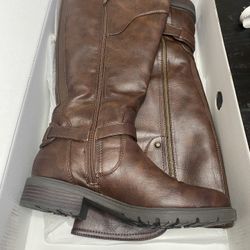 pair of G by Guess Hailee wide-calf riding boots in brown 