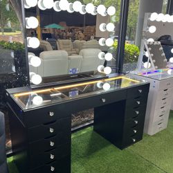 Black Makeup Vanity with 13 Drawers and LED Mirror with Bluetooth Speaker 